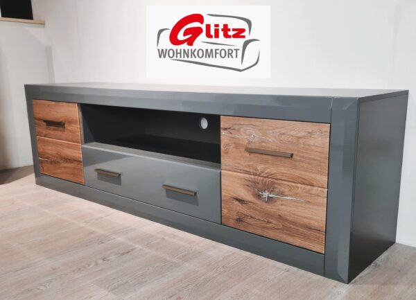 Lowboard TV Schrank in Grau Agave / Applikation Zinneiche Dunkel